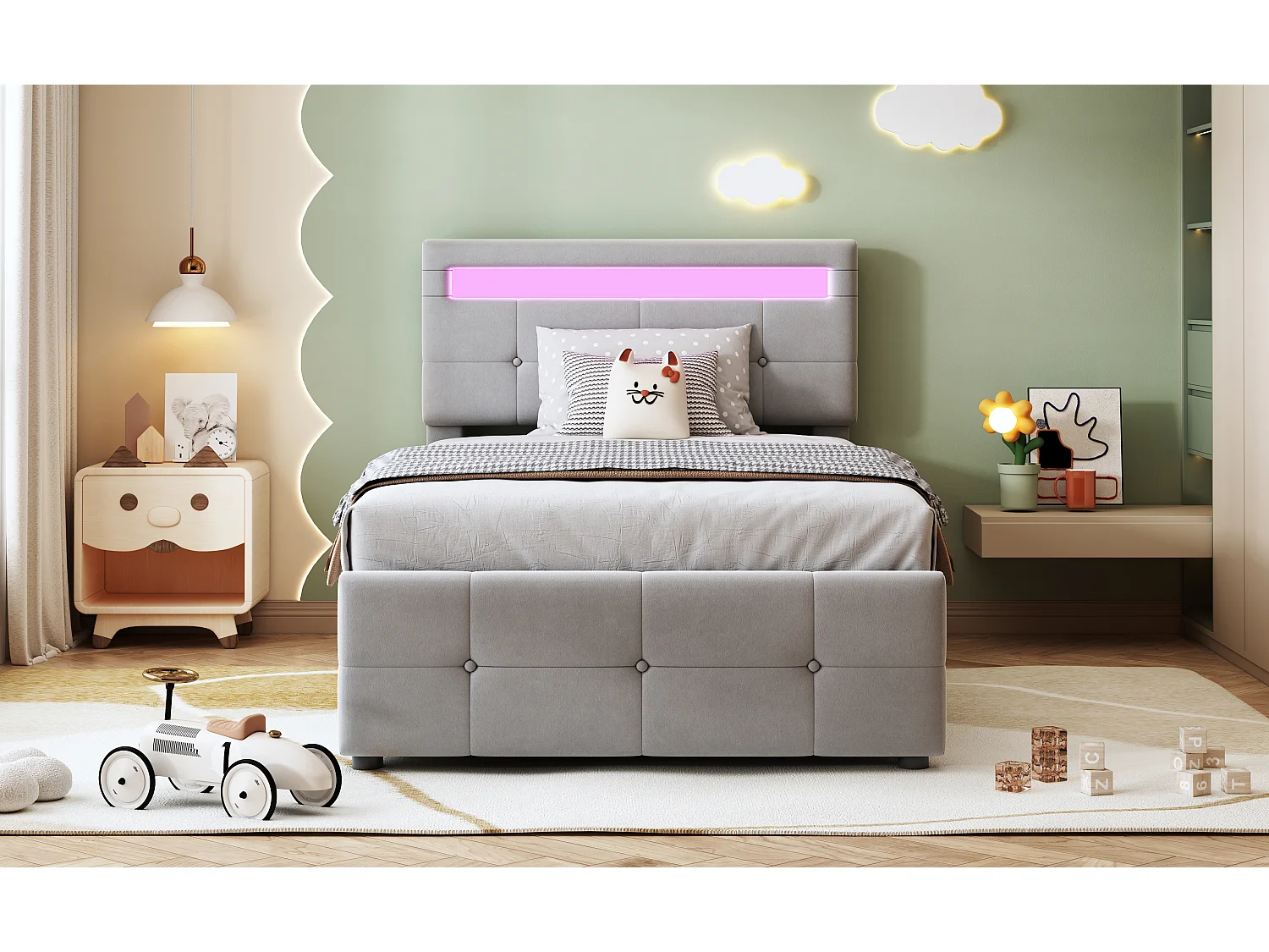 Lit enfant en velours 90x200 cm, éclairage LED, rangement hydraulique, tête de lit réglable, lit coffre simple, gris (203x90x105 cm)