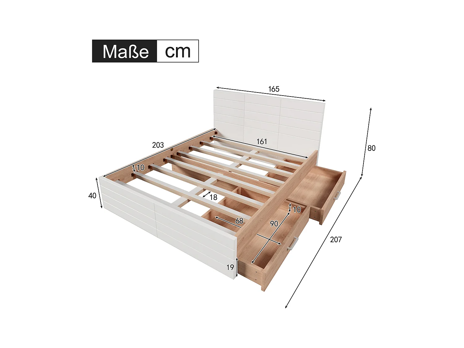 Tweepersoonsbed 160x200 cm met 2 lades, modern design in eiken/wit, met bedframe en lattenbodem (207x80x165 cm)