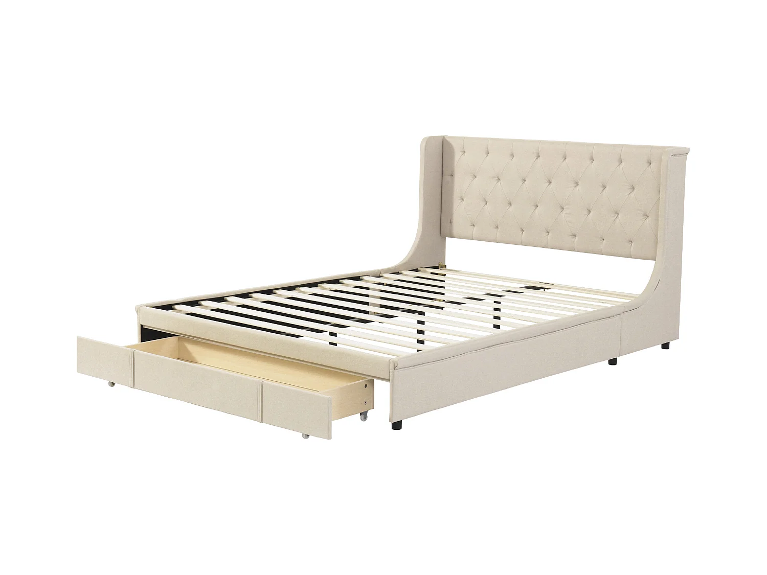 Lit double 140x200cm avec tiroirs, sommier à lattes, tête et pied de lit, tissu lin beige (211x148x95.5cm)