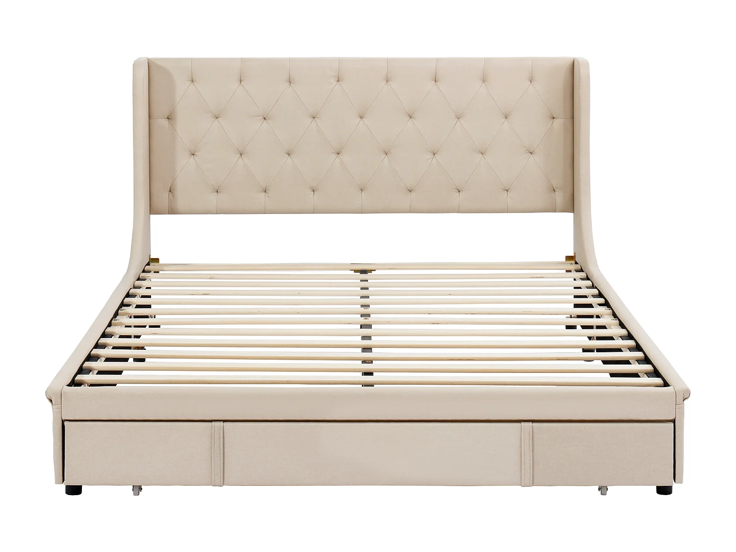 Lit double 140x200cm avec tiroirs, sommier à lattes, tête et pied de lit, tissu lin beige (211x148x95.5cm)