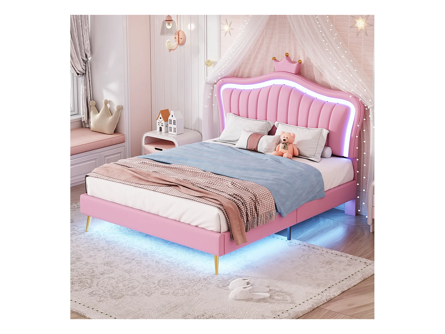 Lit enfant 140x200 cm avec tête de lit en forme de couronne, en PU simili cuir, avec LED, sommier et dossier (203x152x122 cm)