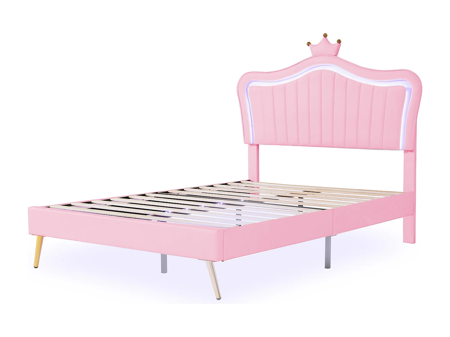 Kinderbed 140x200 cm met kroonvormig hoofdbord, in PU-imitatieleer, met LED, lattenbodem en rugleuning (203x152x122 cm)