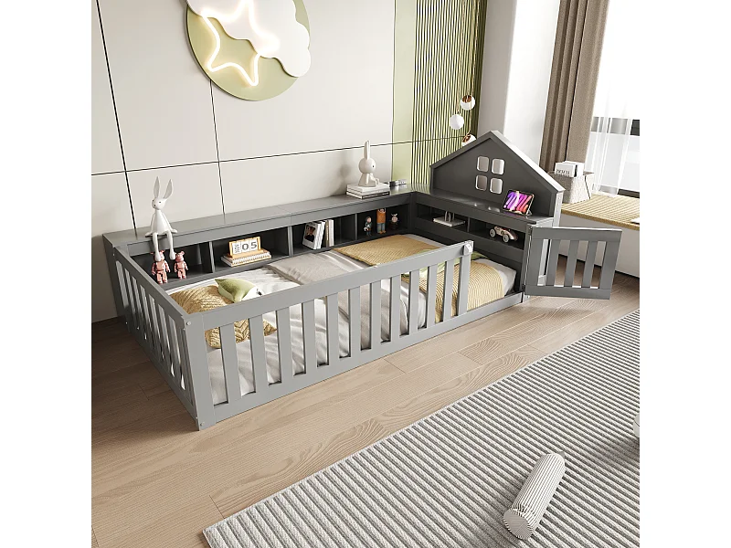 Lit pour enfant 90x200, avec toit et fenêtres, espace de rangement, barrière de sécurité et porte, bois massif, gris (222.6x112x87.5 cm)