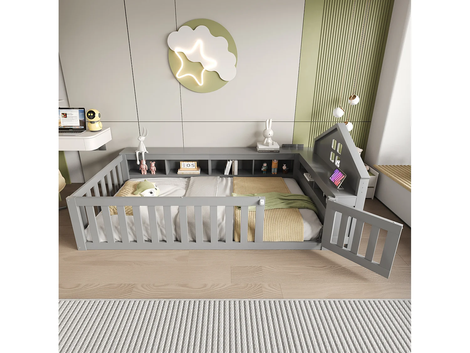 Lit pour enfant 90x200, avec toit et fenêtres, espace de rangement, barrière de sécurité et porte, bois massif, gris (222.6x112x87.5 cm)