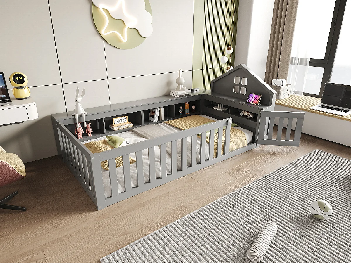 Lit pour enfant 90x200, avec toit et fenêtres, espace de rangement, barrière de sécurité et porte, bois massif, gris (222.6x112x87.5 cm)