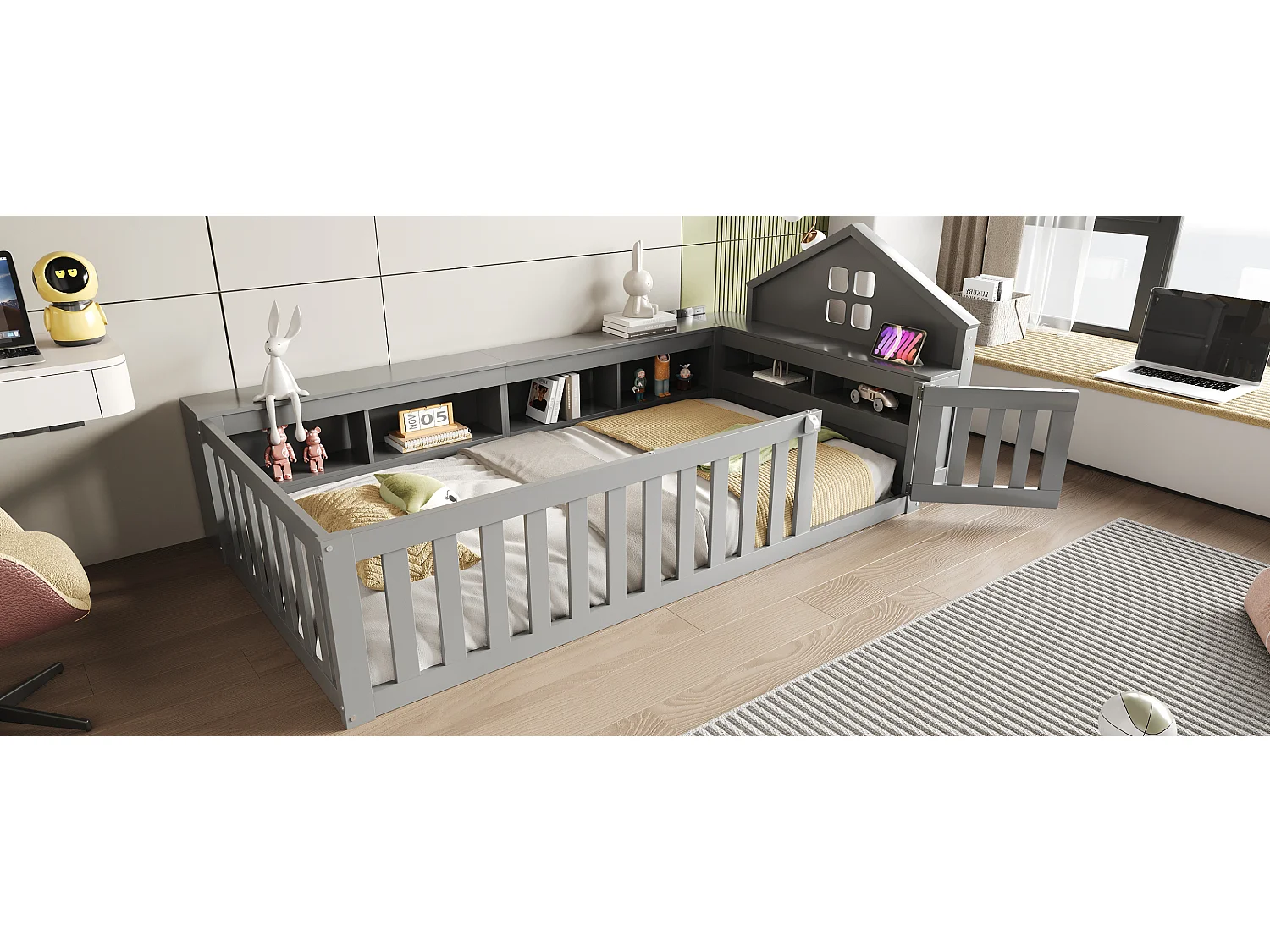 Lit pour enfant 90x200, avec toit et fenêtres, espace de rangement, barrière de sécurité et porte, bois massif, gris (222.6x112x87.5 cm)