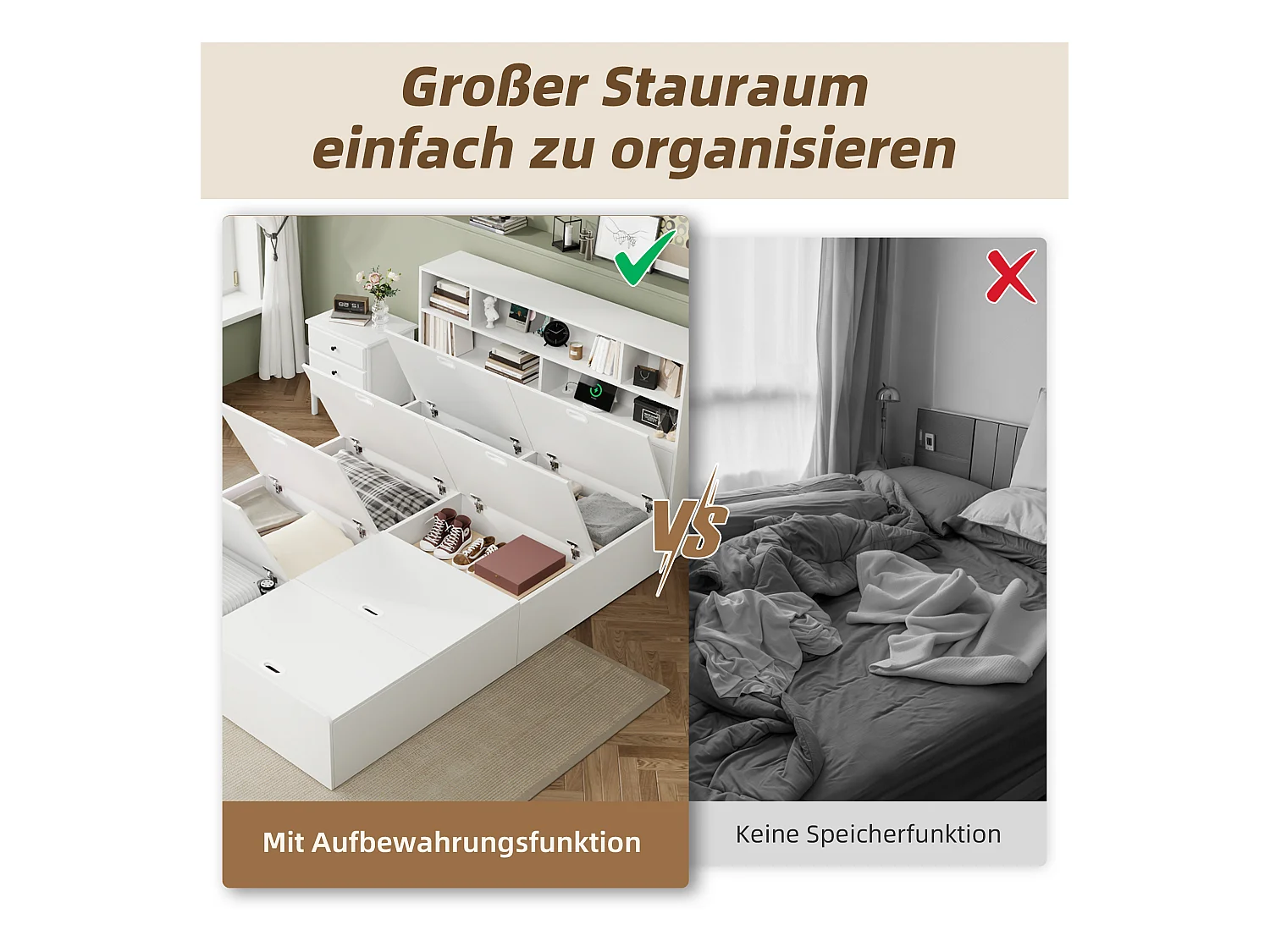 Functioneel bed 140x200 cm, met lattenbodem, 4 opbergladen, USB, MDF, Wit (140x200x60 cm)