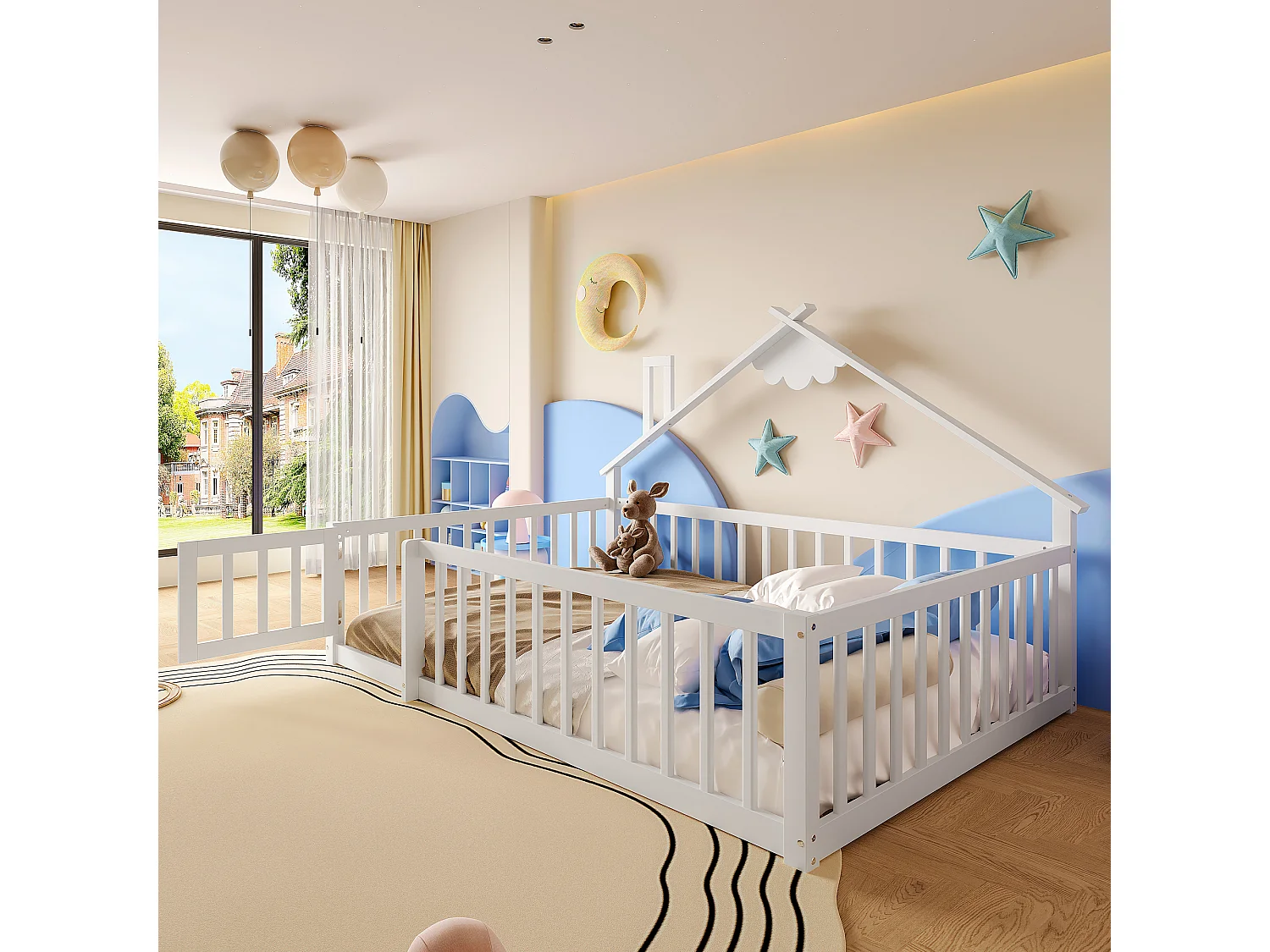 Letto per bambini 140 x 190 cm, con sponda e serratura, in pino bianco (200 x 151 x 112 cm)