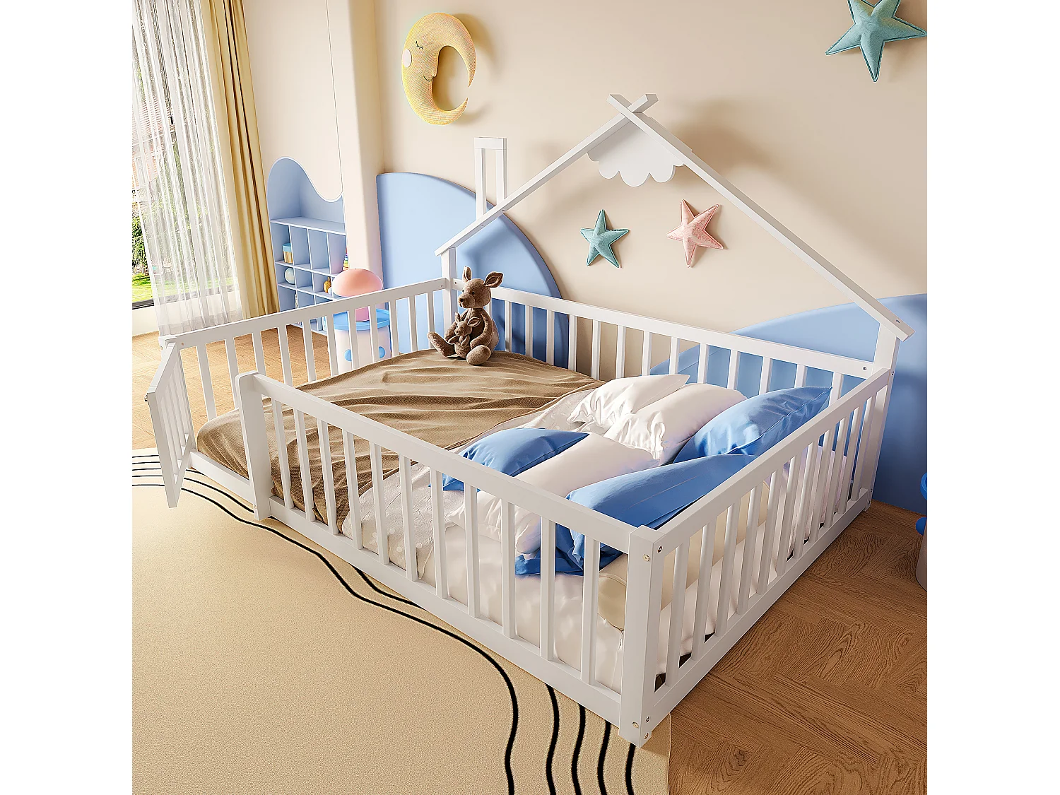 Letto per bambini 140 x 190 cm, con sponda e serratura, in pino bianco (200 x 151 x 112 cm)