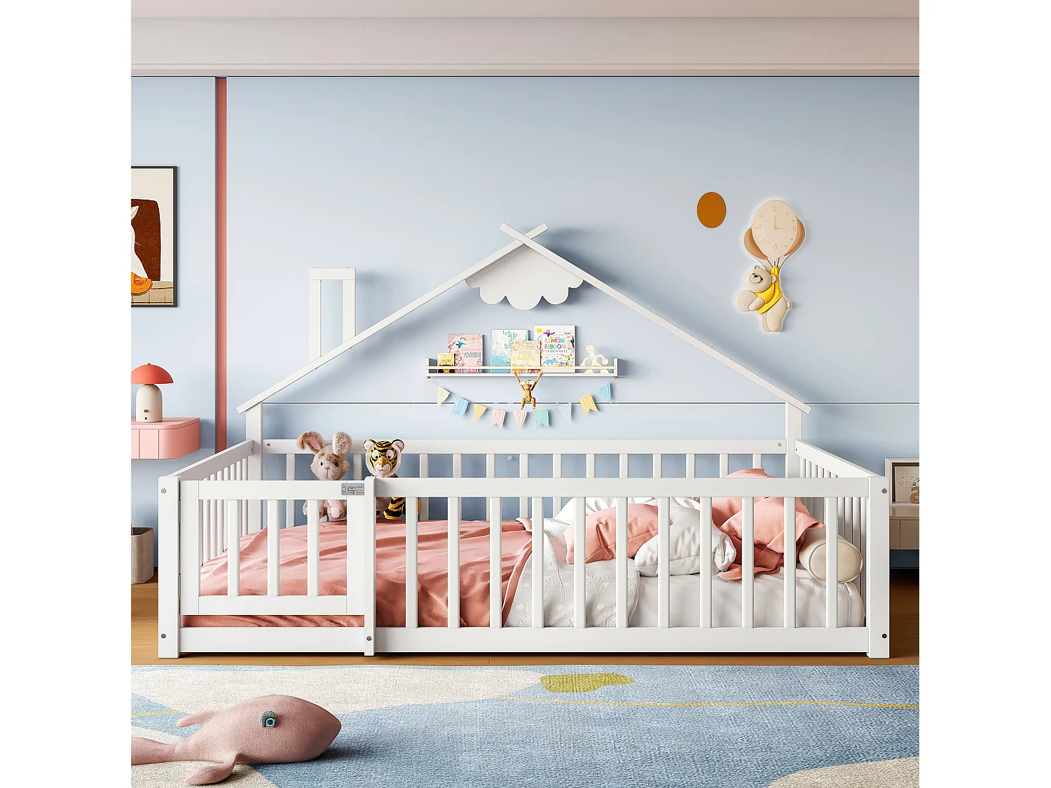 Letto per bambini 140 x 190 cm, con sponda e serratura, in pino bianco (200 x 151 x 112 cm)