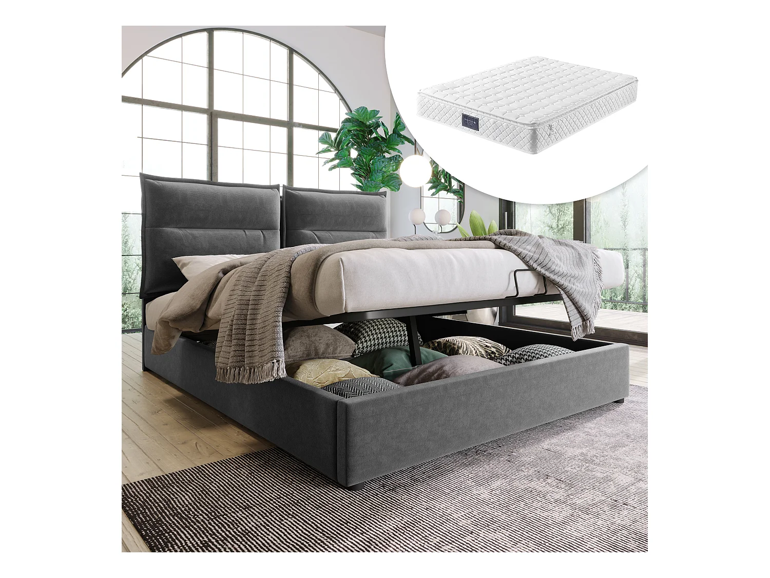 Hydraulisch bed met verstelbaar hoofdeinde, 140x200 cm, gestoffeerd bed met 2 opberglades, metalen frame en houten onderstel, grijs fluweel (met matras)