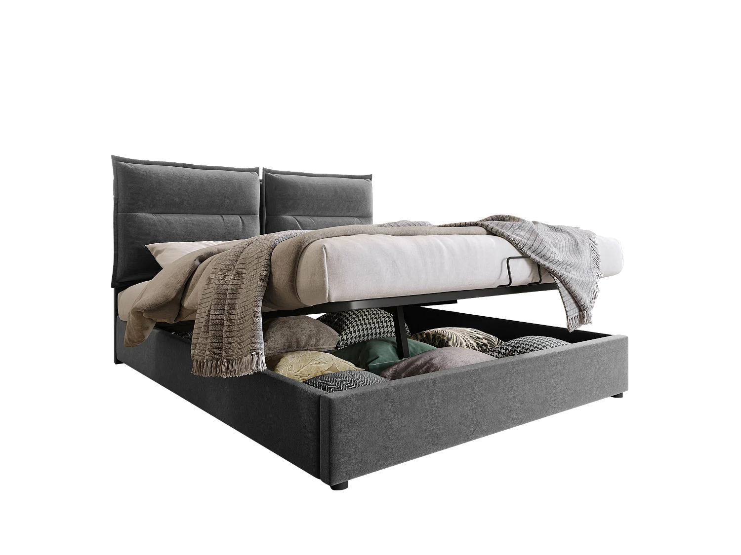 Lit hydraulique avec tête de lit réglable, 140x200 cm, lit capitonné avec 2 tiroirs de rangement, structure en métal et sommier en bois, velours gris (avec matelas)
