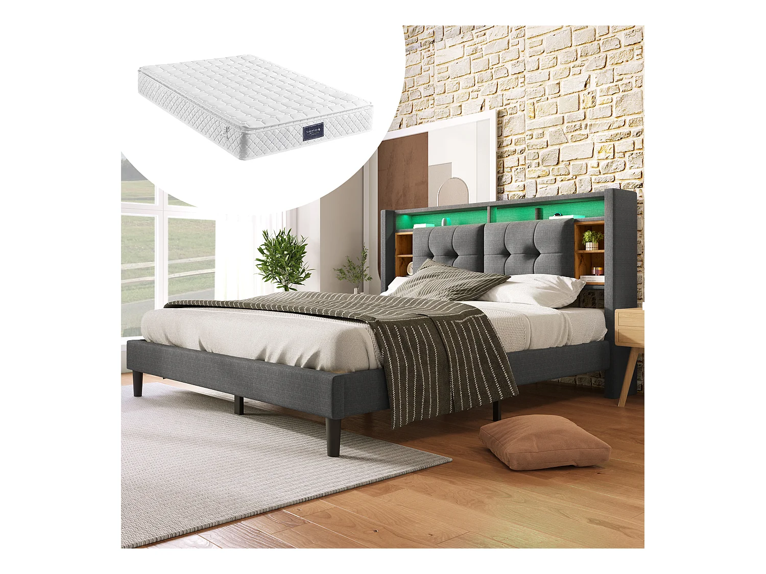 Lit coffre double avec rangement, USB et LED, cadre bois massif, lin gris (223x169x107cm)