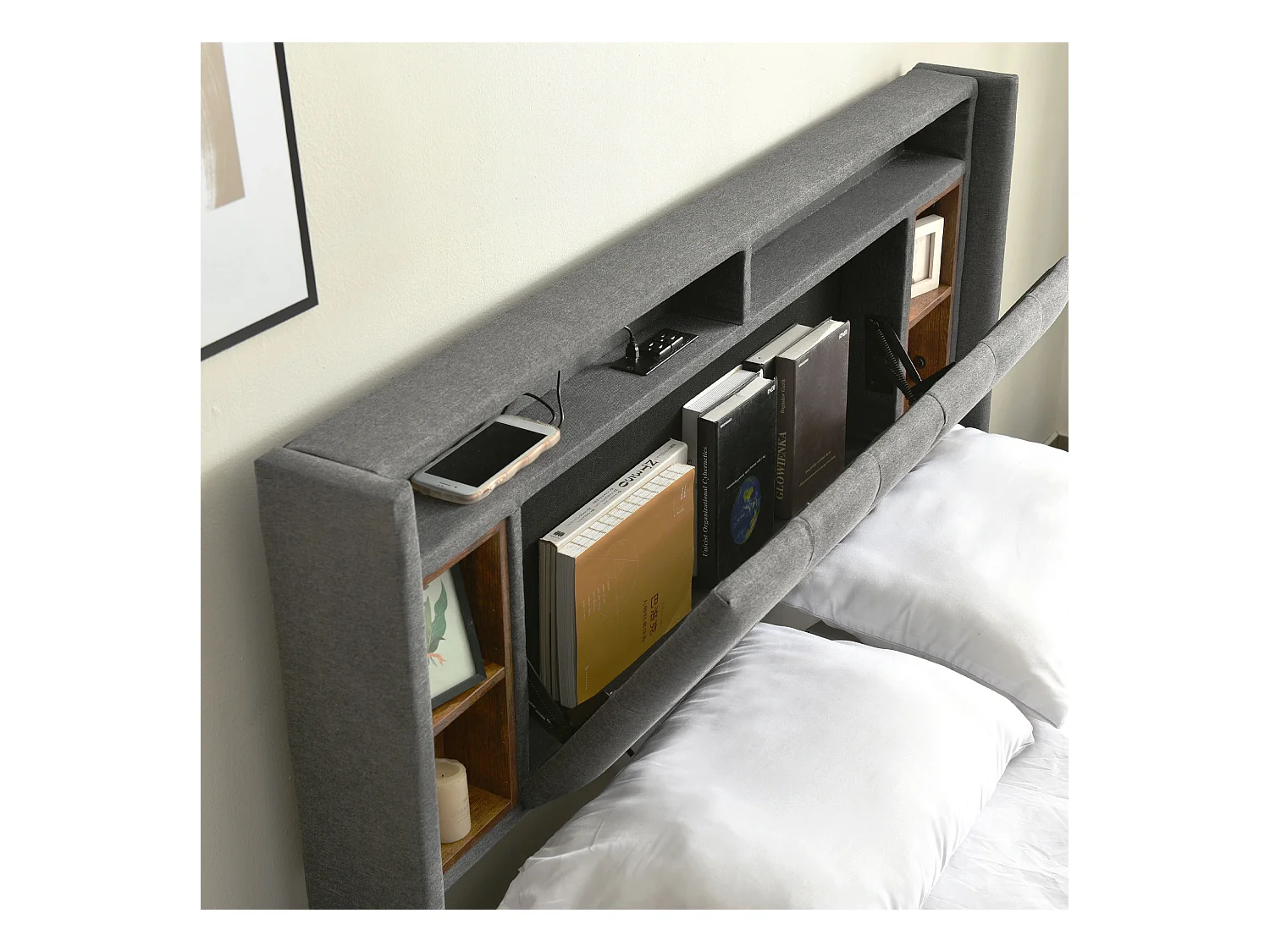 Lit coffre double avec rangement, USB et LED, cadre bois massif, lin gris (223x169x107cm)