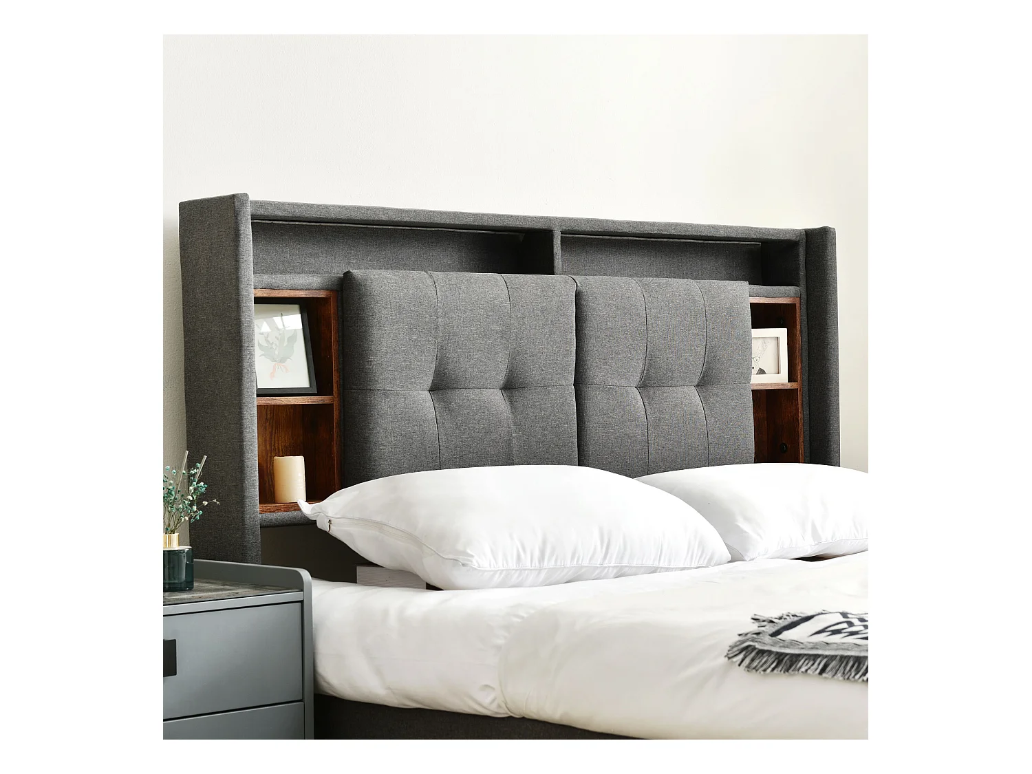 Lit coffre double avec rangement, USB et LED, cadre bois massif, lin gris (223x169x107cm)