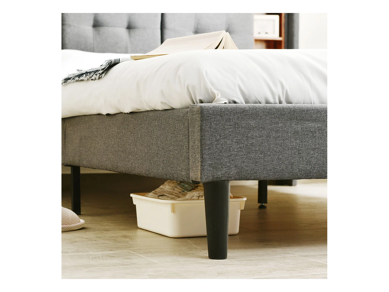 Lit coffre double avec rangement, USB et LED, cadre bois massif, lin gris (223x169x107cm)