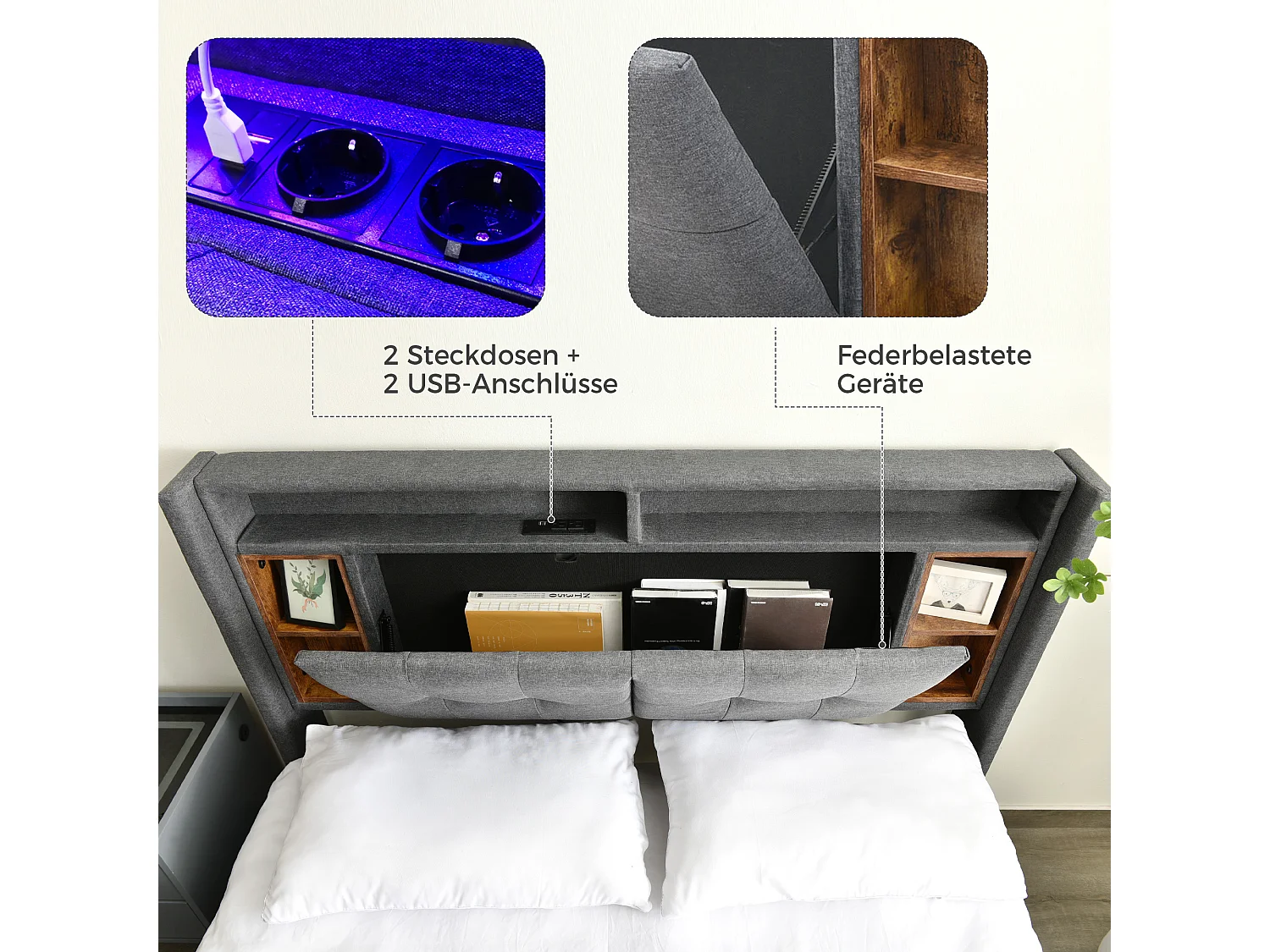Lit coffre double avec rangement, USB et LED, cadre bois massif, lin gris (223x169x107cm)