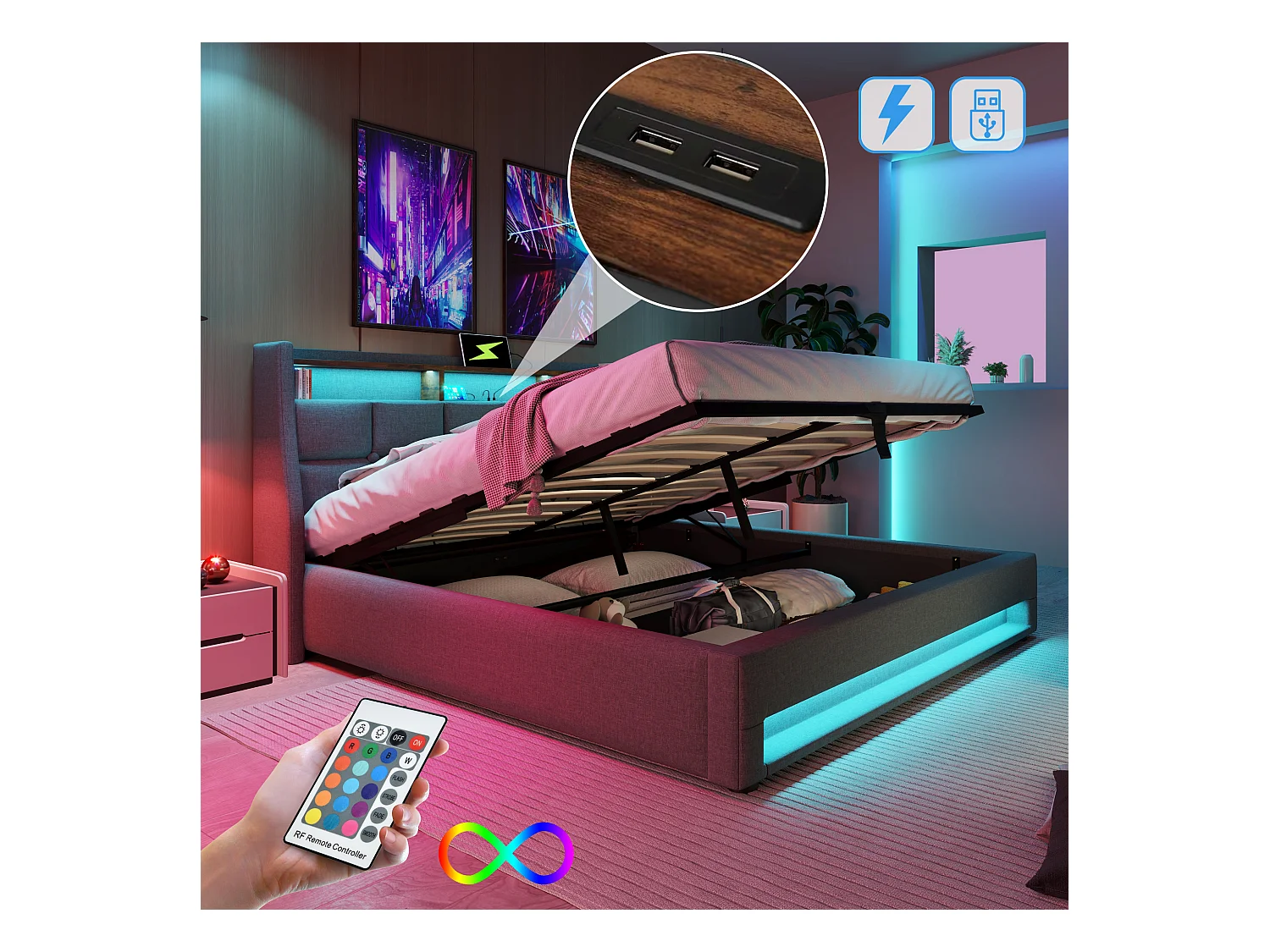 Lit LED avec USB 140x200 cm, cadre métallique avec sommier à lattes, tissu en lin gris (Dimensions : 145x210x117 cm)