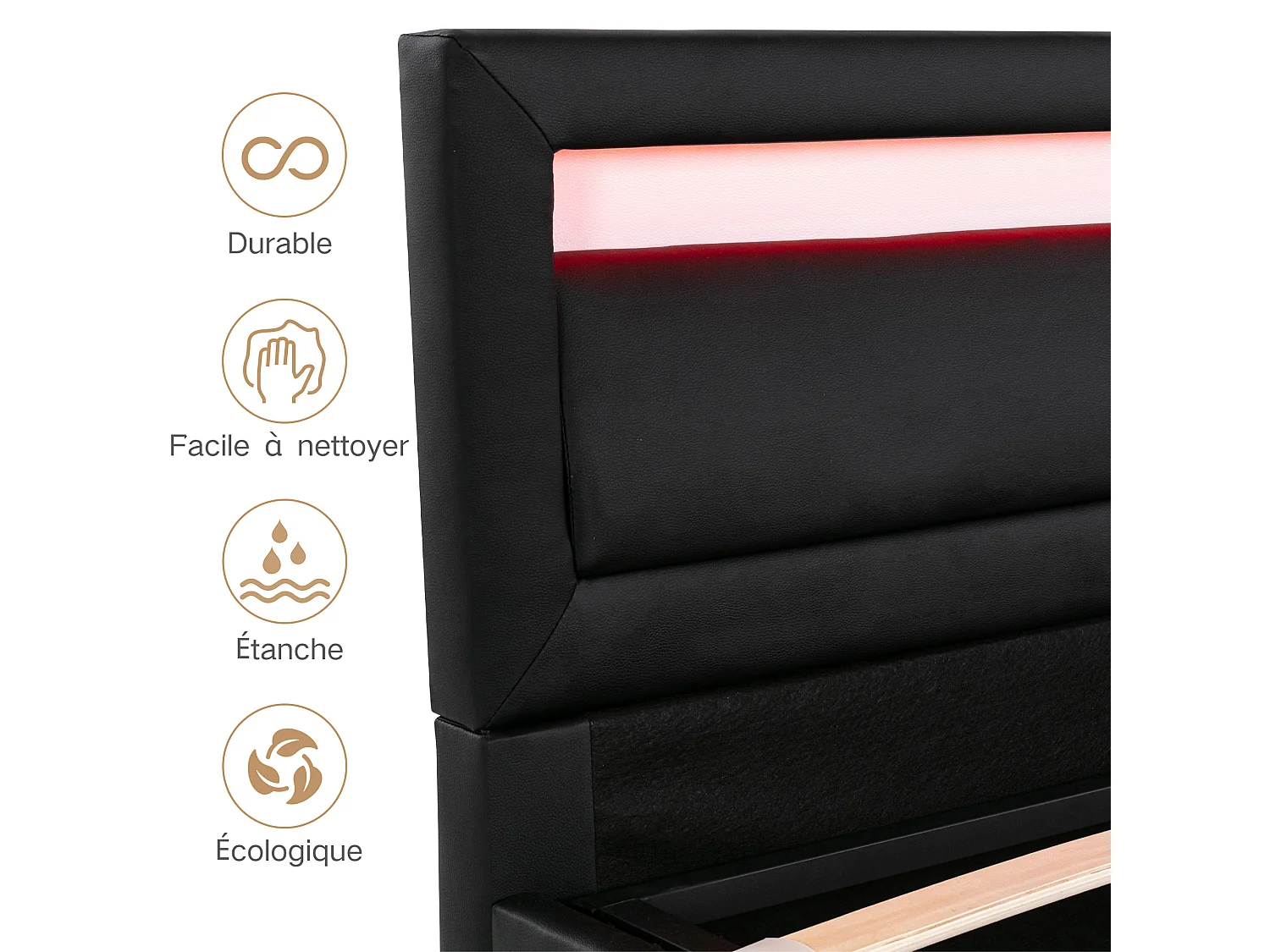 Lit rembourré avec LED, 140\190cm, sommier à lattes et rangement, tête de lit éclairée, noir, similicuir (Dimensions : 189.87 x 31.12 x 19.05 cm)