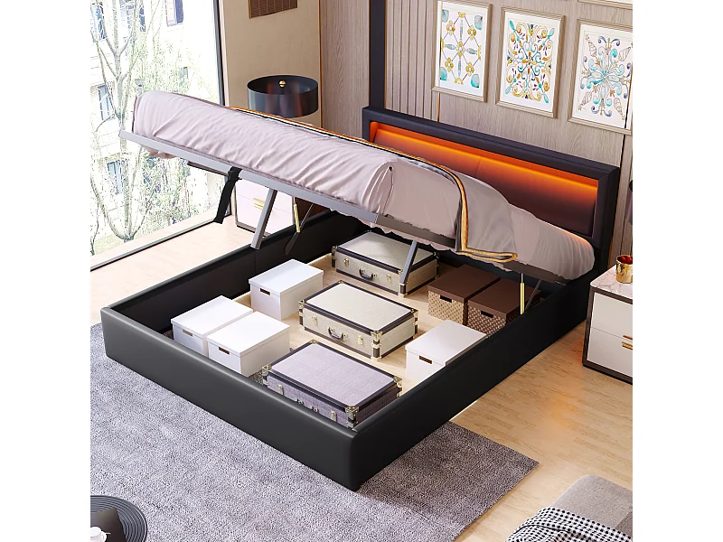 Lit rembourré avec LED, 140\190cm, sommier à lattes et rangement, tête de lit éclairée, noir, similicuir (Dimensions : 189.87 x 31.12 x 19.05 cm)
