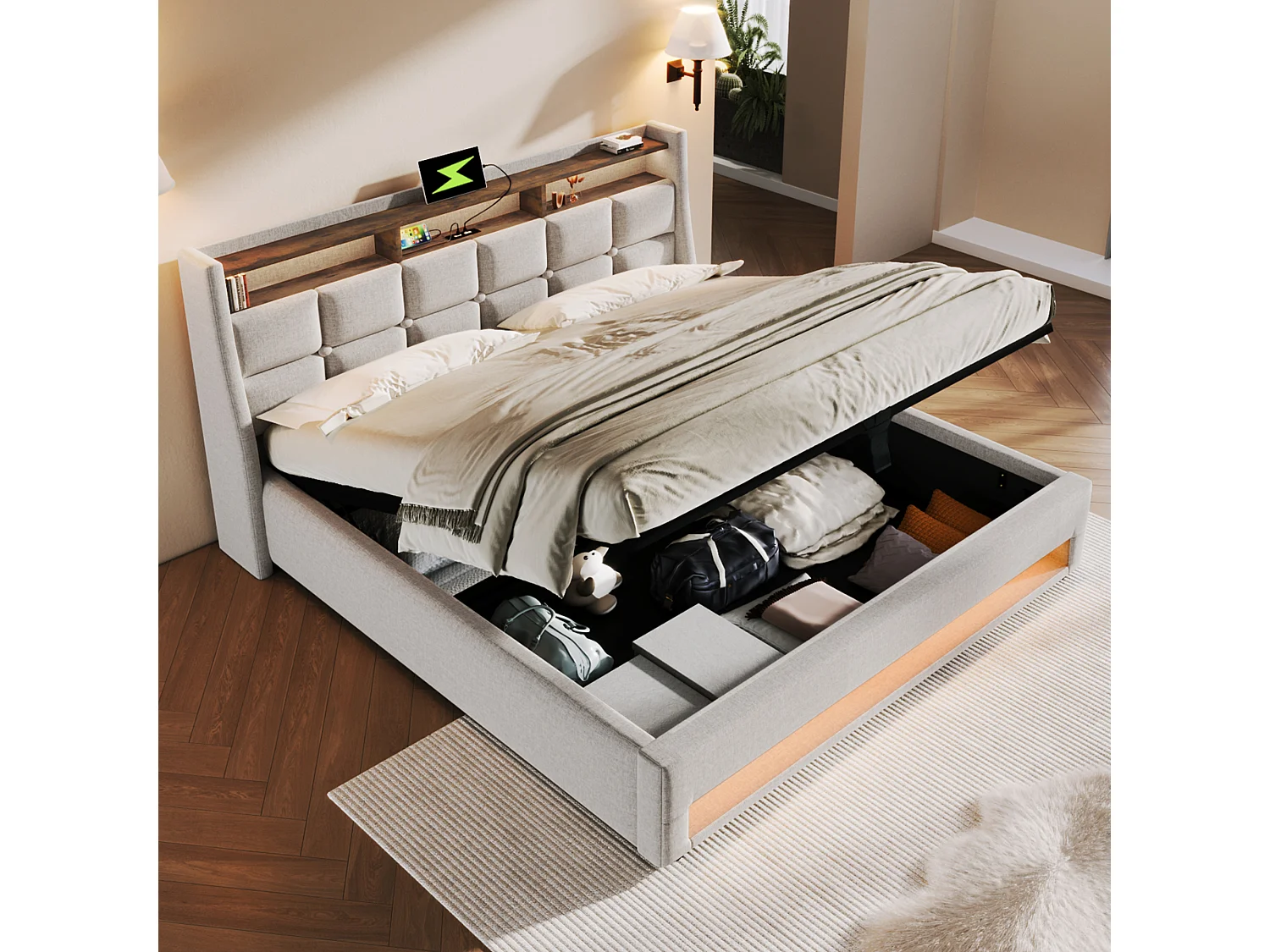 Lit double LED avec USB, cadre en lin beige, sommier métal, style vintage (145x210x117cm)