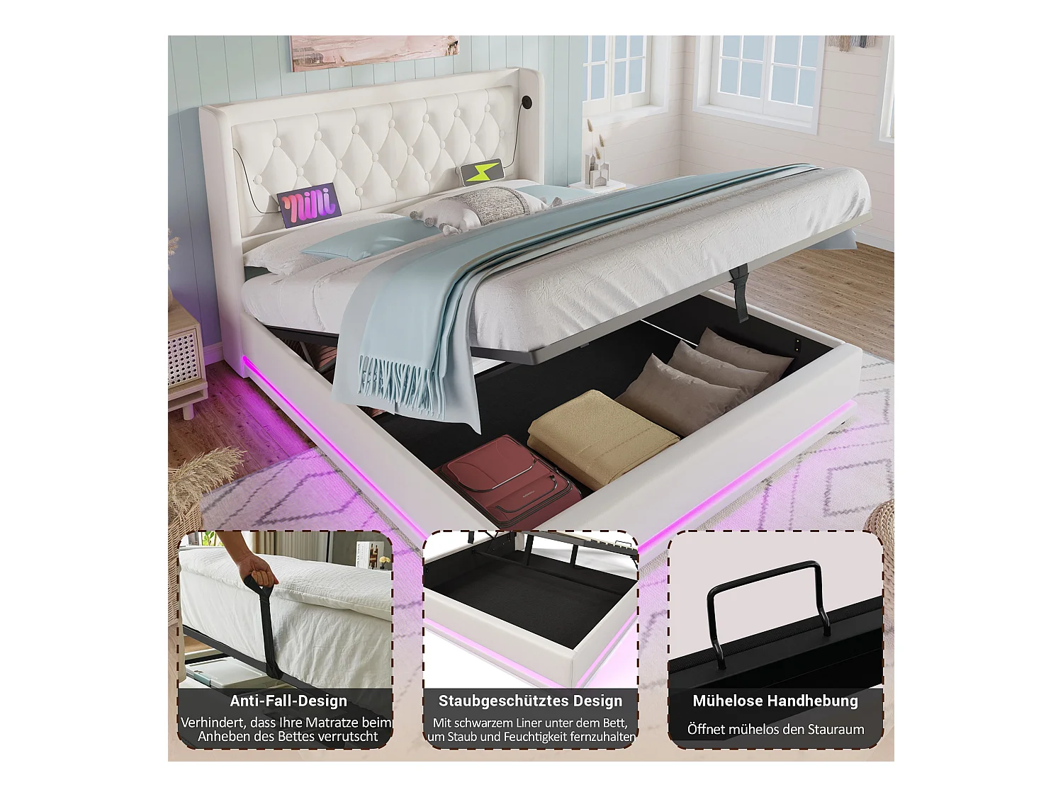 Letto matrimoniale 140x200, con contenitore idraulico, testiera con porte USB e illuminazione LED, PU bianco (210x170x101 cm)