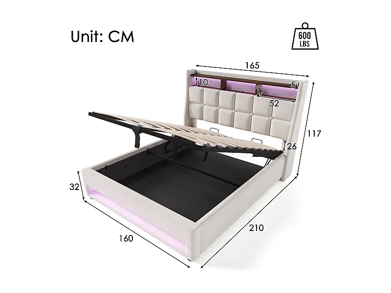Lit avec LED et charge USB, 160x200 cm, cadre en lin, avec sommier à lattes en métal, avec matelas (Dimensions : 165x210x117 cm)
