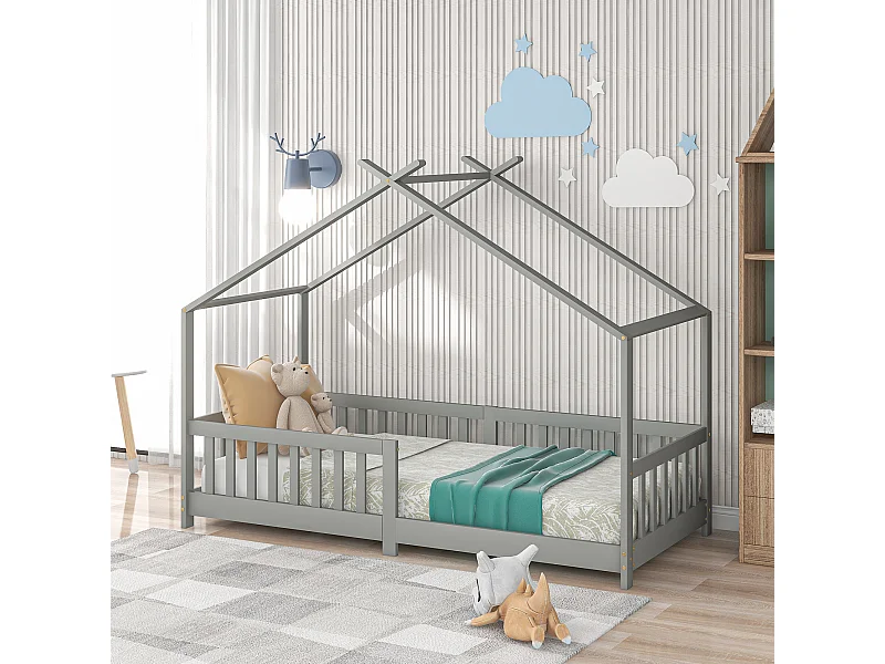 Lit Maison pour enfant, avec barrières de sécurité, en bois massif, gris (200x90 cm)