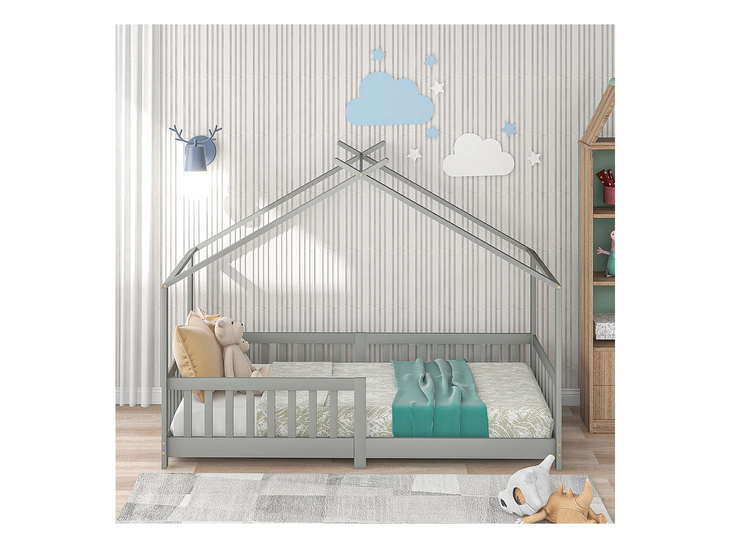 Letto a forma di casetta per bambini con sponde di sicurezza, in legno massello, grigio (200x90 cm)