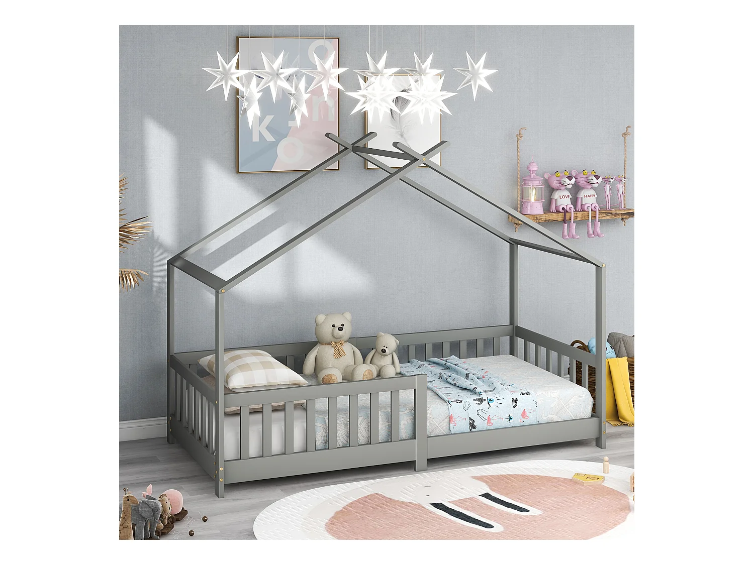 Letto a forma di casetta per bambini con sponde di sicurezza, in legno massello, grigio (200x90 cm)