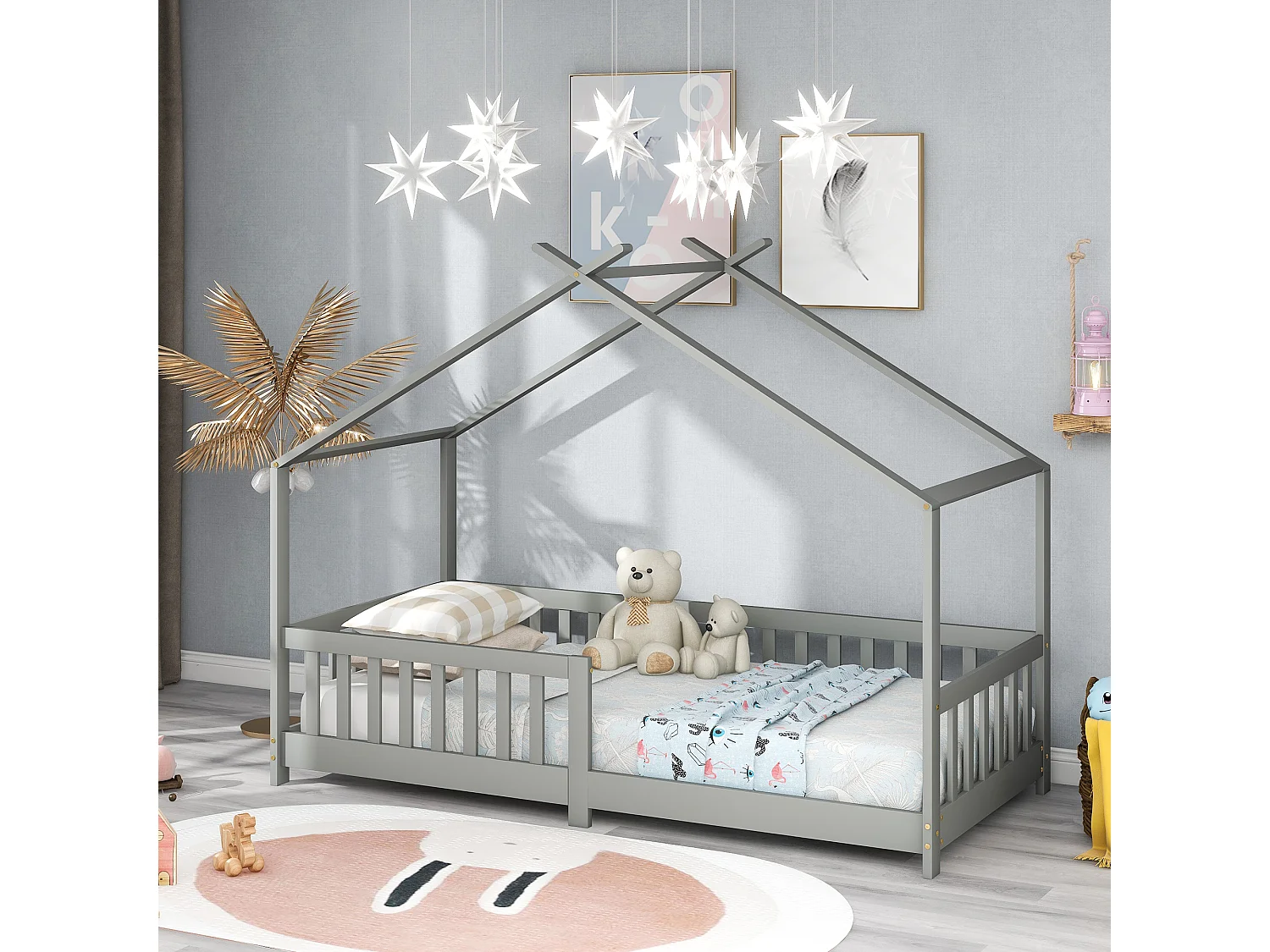 Lit Maison pour enfant, avec barrières de sécurité, en bois massif, gris (200x90 cm)
