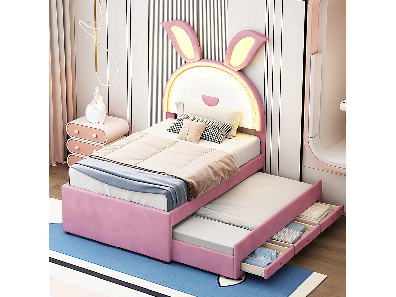 Lit enfant velours multifonction avec lit gigogne, tiroirs et LED, rose (200x90x167cm)