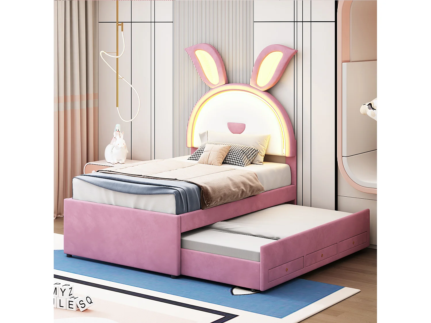 Cama infantil multifuncional de terciopelo con cama nido, cajones y LED, rosa (200x90x167cm)