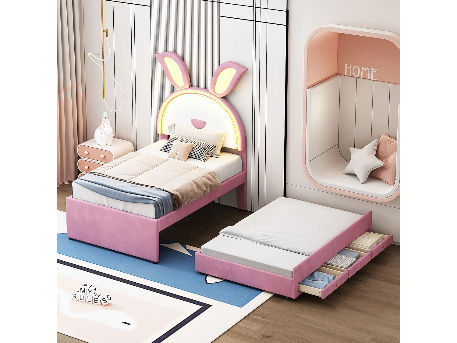 Cama infantil multifuncional de terciopelo con cama nido, cajones y LED, rosa (200x90x167cm)