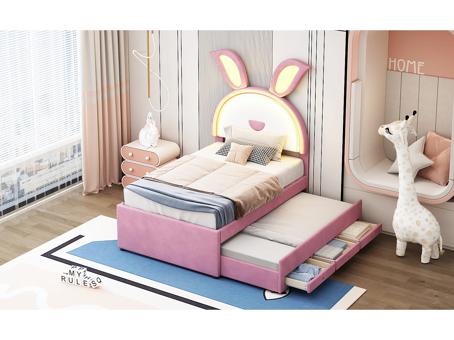 Cama infantil multifuncional de terciopelo con cama nido, cajones y LED, rosa (200x90x167cm)