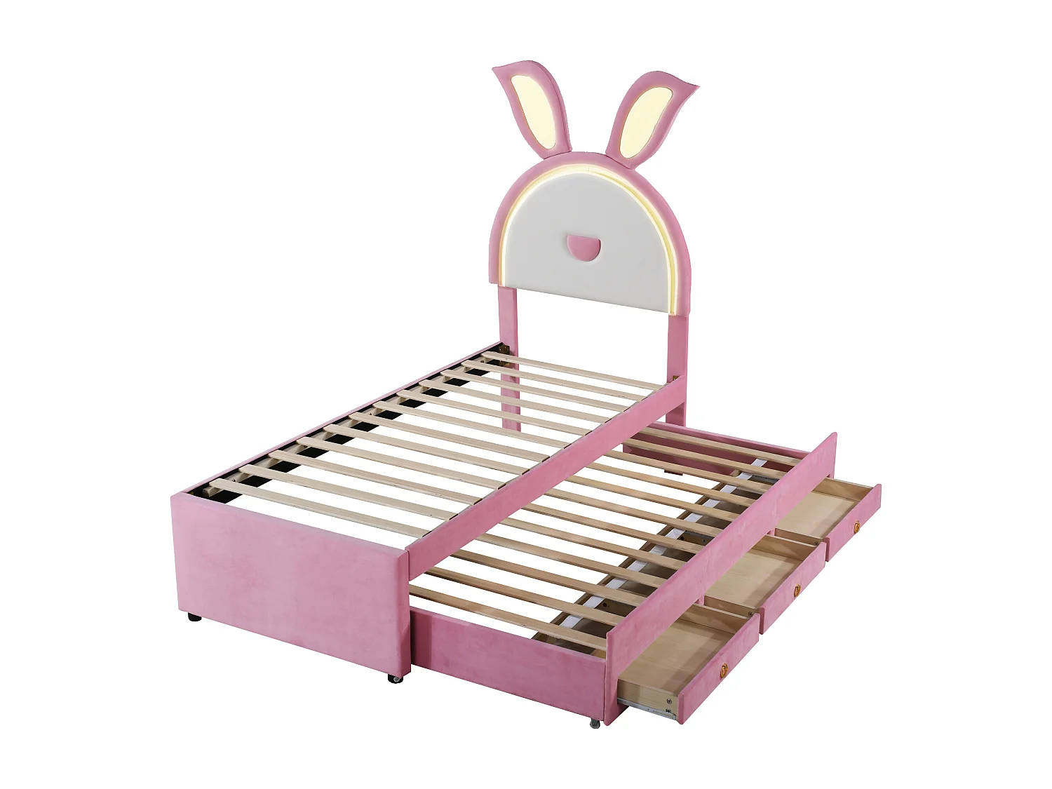 Cama infantil multifuncional de terciopelo con cama nido, cajones y LED, rosa (200x90x167cm)