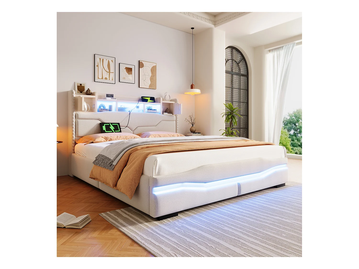 Lit avec tête de lit et rangement, 160x200cm, Lit avec éclairage LED, fonction de charge USB, Beige (220x166x111 cm)