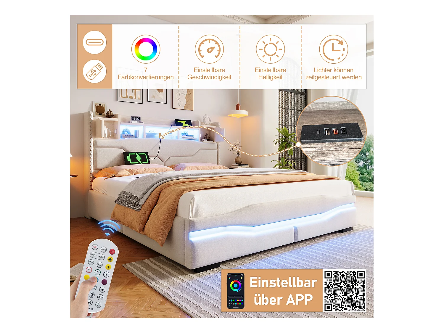 Lit avec tête de lit et rangement, 160x200cm, Lit avec éclairage LED, fonction de charge USB, Beige (220x166x111 cm)