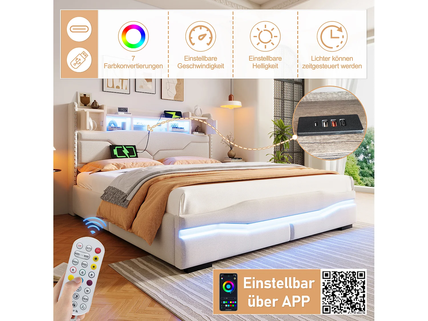 Lit avec tête de lit et rangement, 160x200cm, Lit avec éclairage LED, fonction de charge USB, Beige (220x166x111 cm)