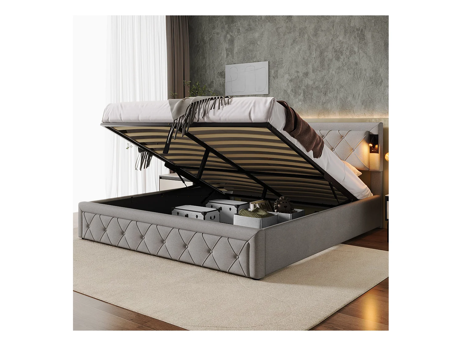 Lit capitonné 180 x 200 cm avec Downlight, USB, Lattenrost en bois, rangement hydraulique et tête de lit en rayures, Leinen, gris + noir (180x200 cm)