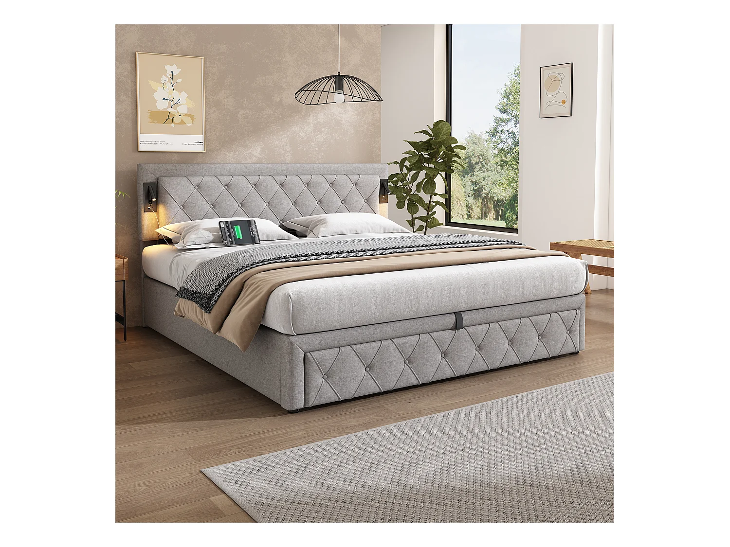 Lit capitonné 180 x 200 cm avec Downlight, USB, Lattenrost en bois, rangement hydraulique et tête de lit en rayures, Leinen, gris + noir (180x200 cm)