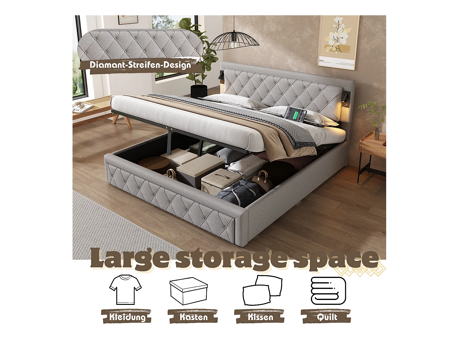 Lit capitonné 180 x 200 cm avec Downlight, USB, Lattenrost en bois, rangement hydraulique et tête de lit en rayures, Leinen, gris + noir (180x200 cm)