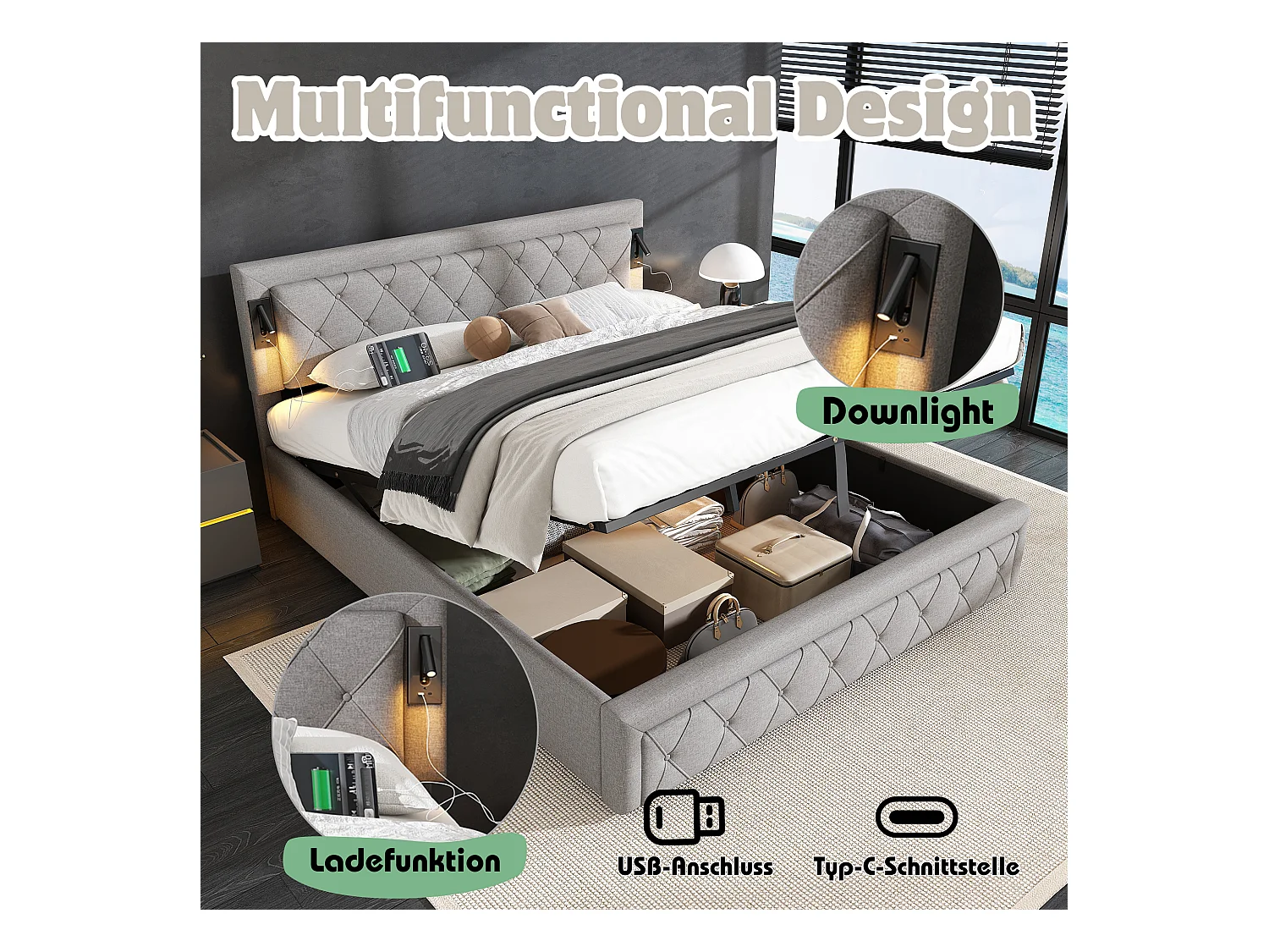 Lit capitonné 180 x 200 cm avec Downlight, USB, Lattenrost en bois, rangement hydraulique et tête de lit en rayures, Leinen, gris + noir (180x200 cm)