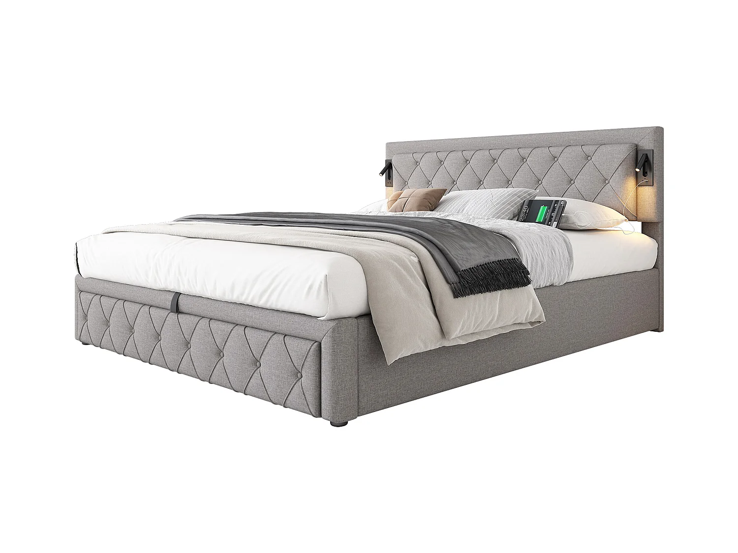 Lit capitonné 180 x 200 cm avec Downlight, USB, Lattenrost en bois, rangement hydraulique et tête de lit en rayures, Leinen, gris + noir (180x200 cm)