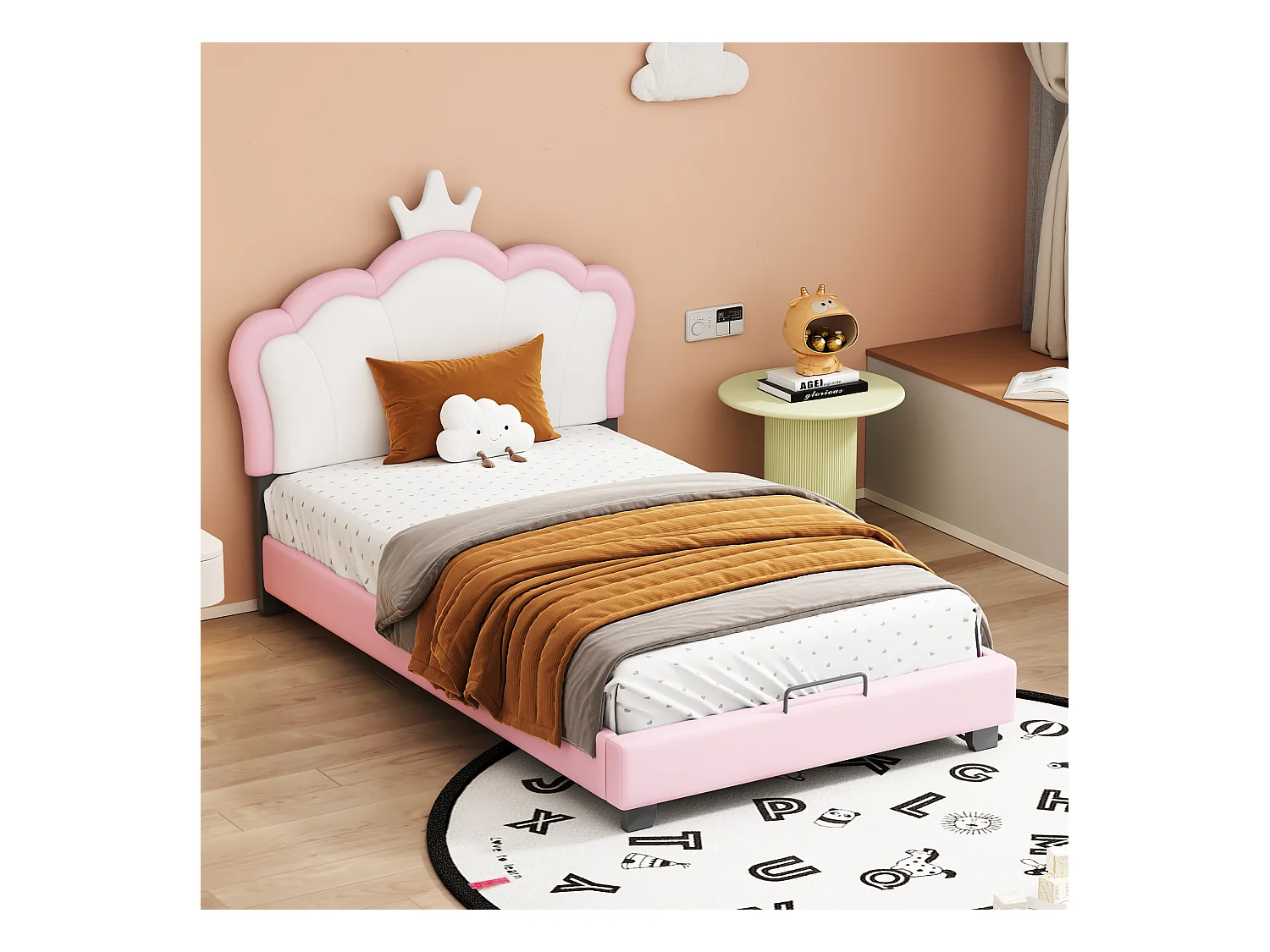 Kinderbed 90x200cm, kroonhoofdeinde, lattenbodem, roze imitatieleren bekleding (208x92x112cm)