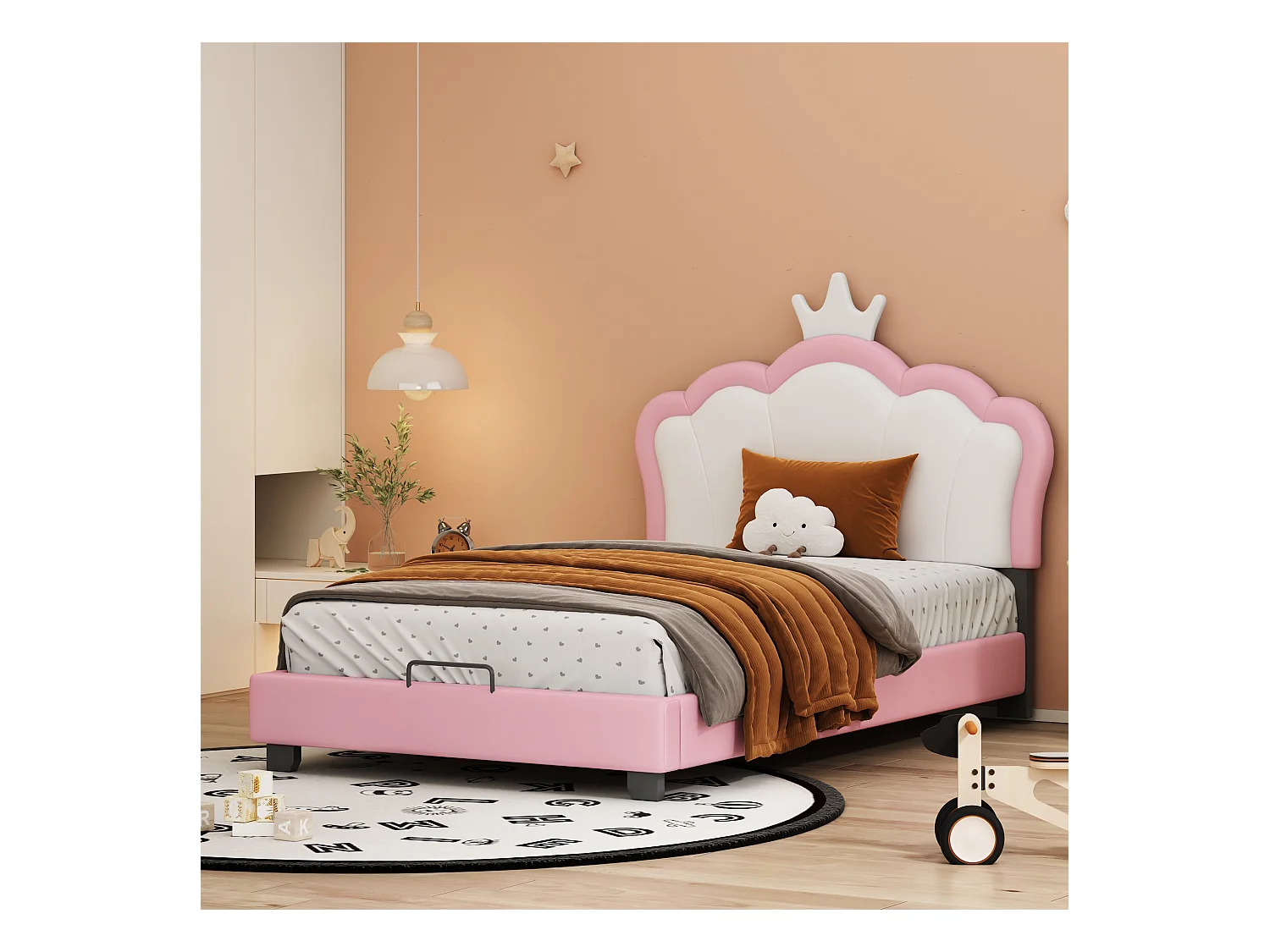 Cama infantil 90x200cm, cabecero corona, somier de láminas, tapizado en polipiel rosa (208x92x112cm)