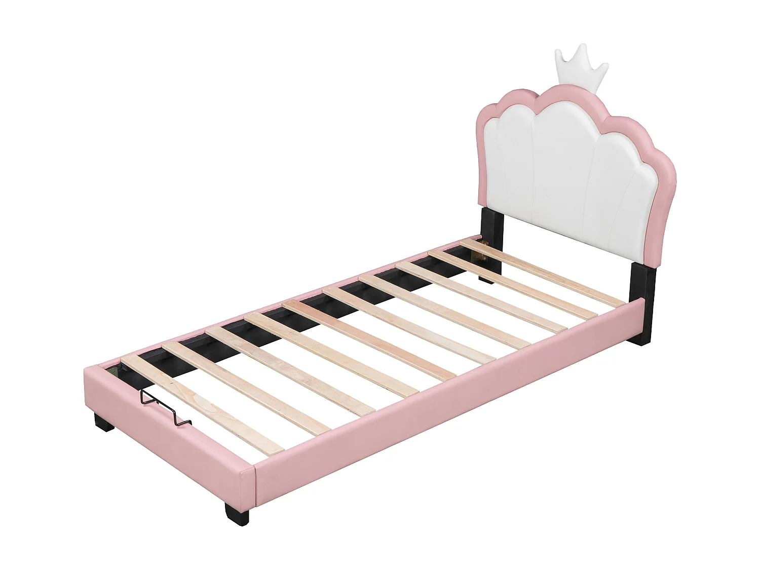 Cama infantil 90x200cm, cabecero corona, somier de láminas, tapizado en polipiel rosa (208x92x112cm)