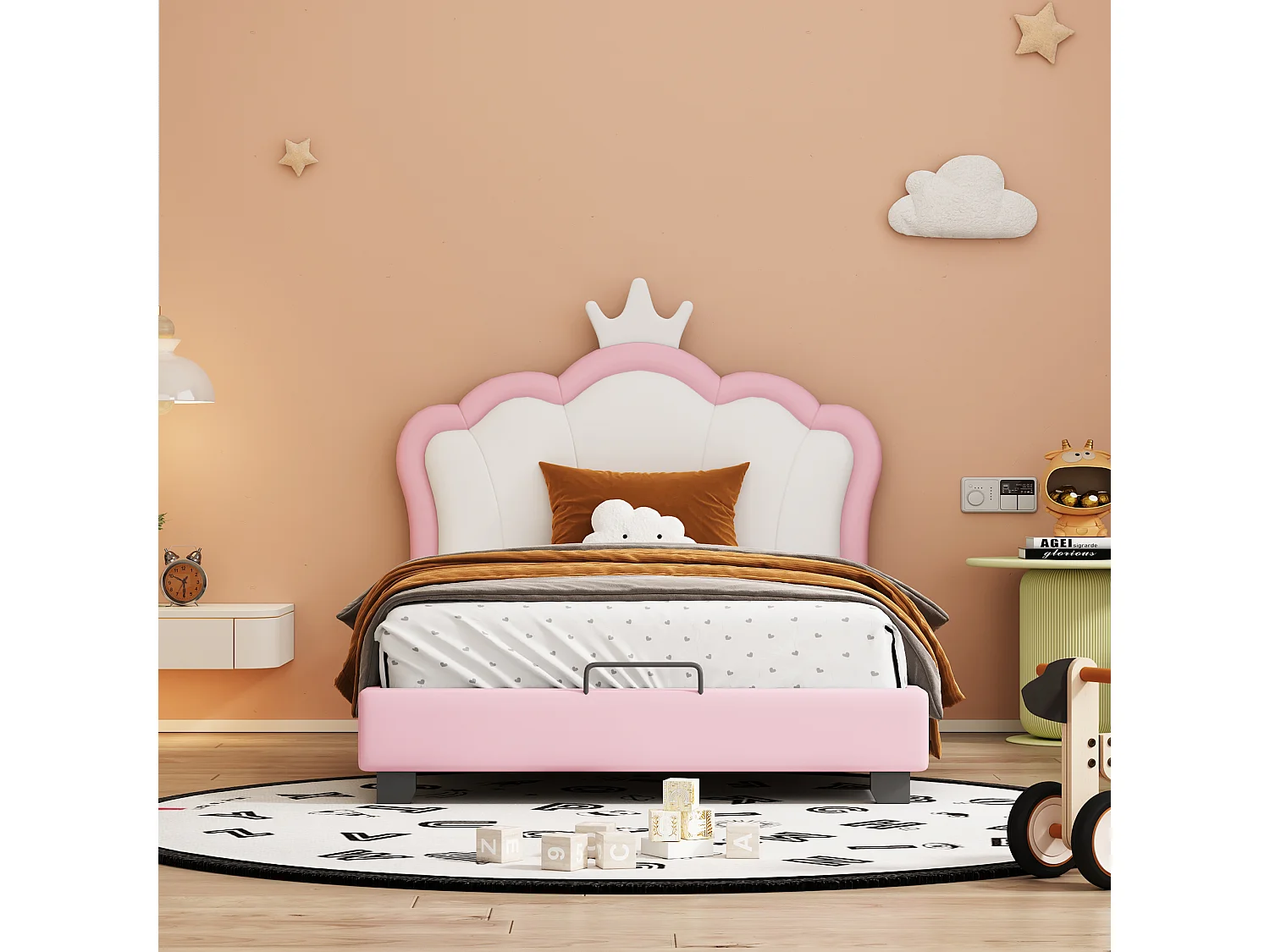 Lit enfant 90x200cm, tête de lit couronne, sommier à lattes, revêtement simili cuir rose (208x92x112cm)