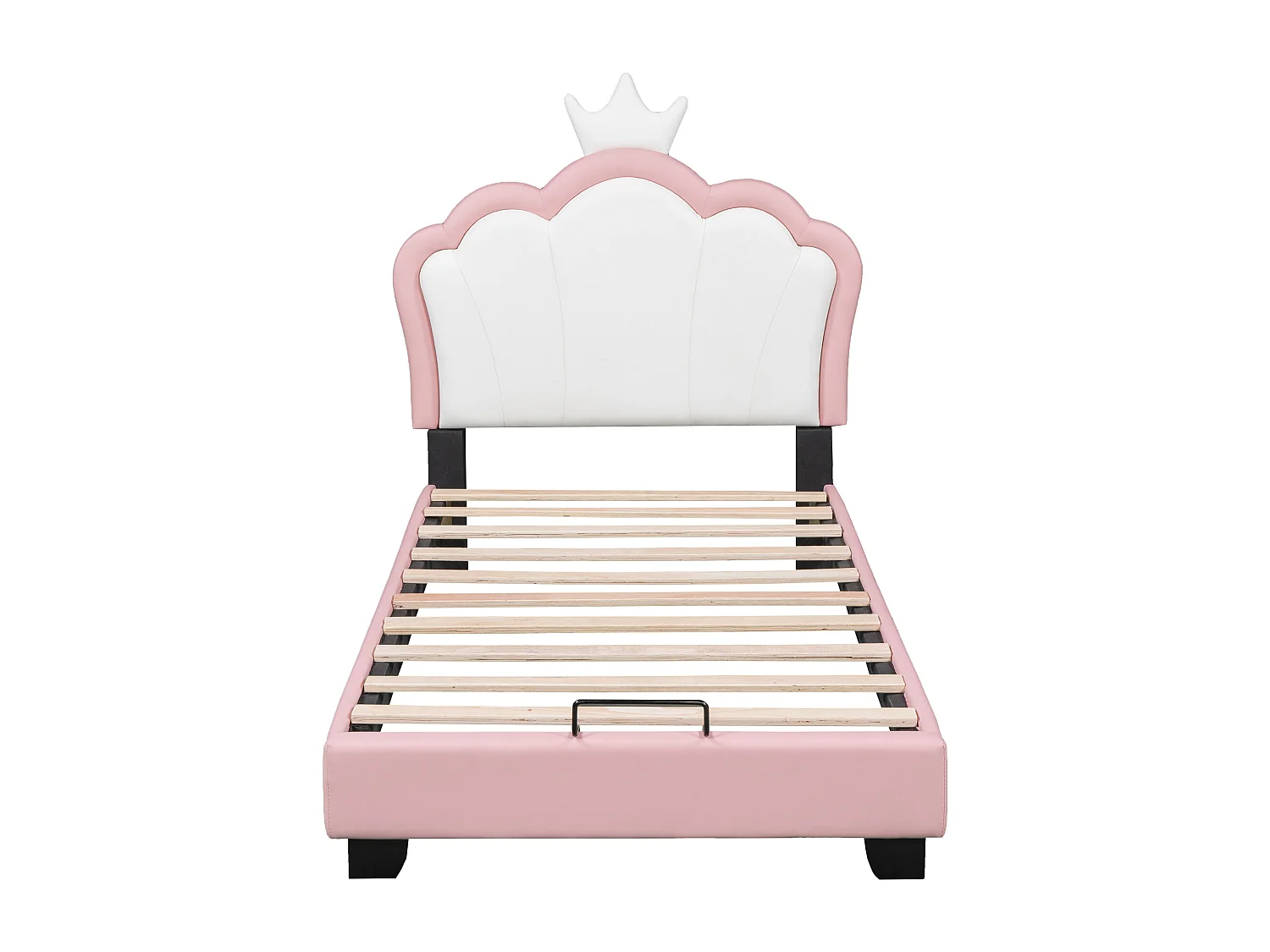 Lit enfant 90x200cm, tête de lit couronne, sommier à lattes, revêtement simili cuir rose (208x92x112cm)
