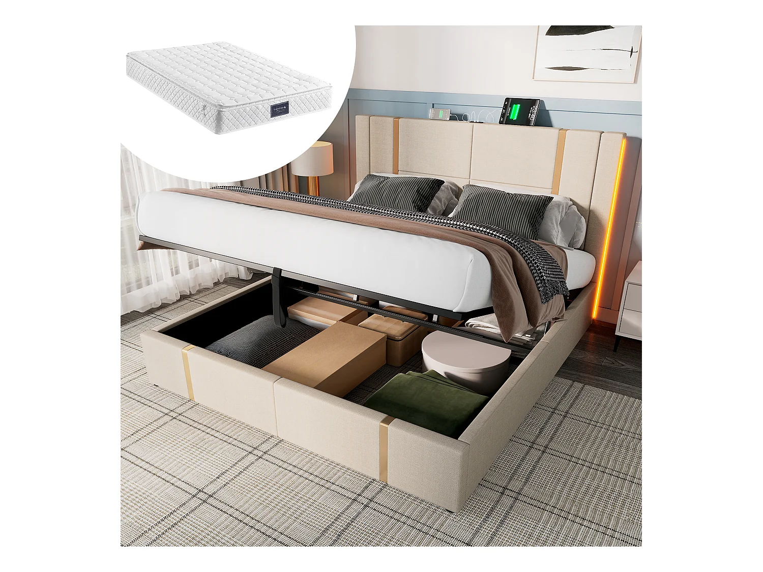 Lit double 160\200 cm, beige lin, avec rangement hydraulique, tête de lit USB Type-C et LED contrôlable par APP (avec matelas)